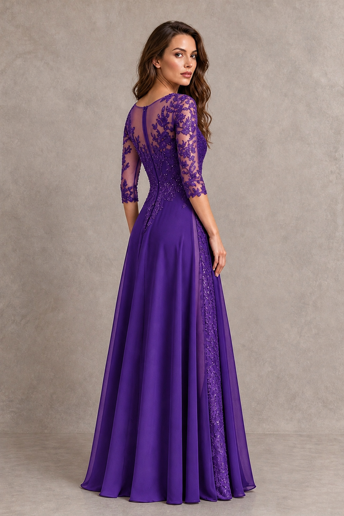 BOLODOO Midnight Purple Beaded Lace Appliqué Chiffon A-Line Gown | Mother of the Bride & Formal Evening Dress - Purple - Purple_2