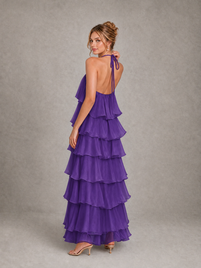 BOLODOO Purple Halter Tiered Ruffle Maxi Bridesmaid Dress - Purple - Purple_2