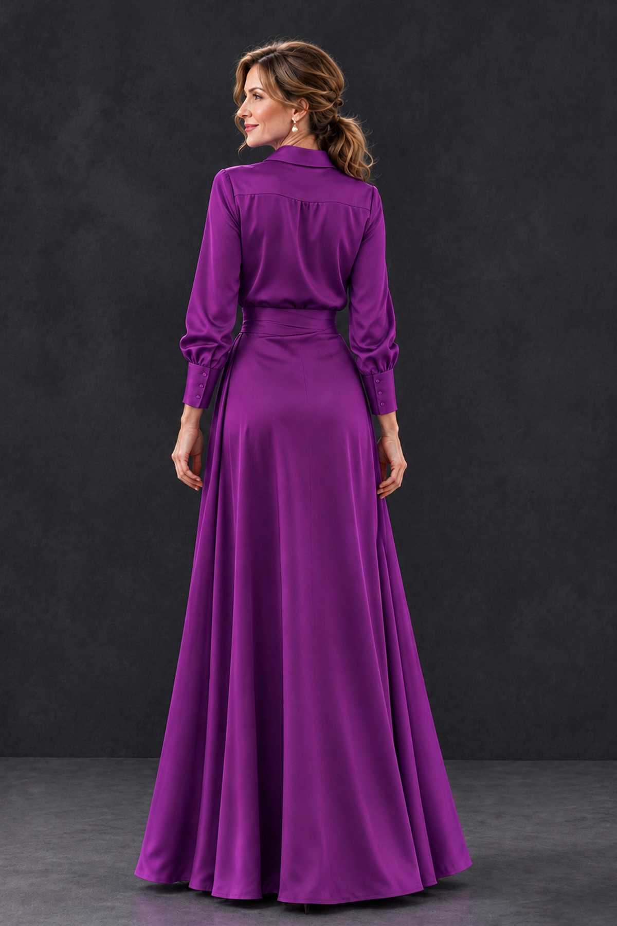 BOLODOO Purple Long Sleeve Satin-Look Lace Panel Gown - Purple - Purple_2