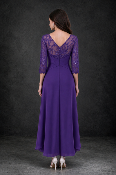 BOLODOO Purple Sequin Lace & Chiffon Tea-Length Mother of the Bride Dress with 3/4 Sleeves - Purple - Purple_2