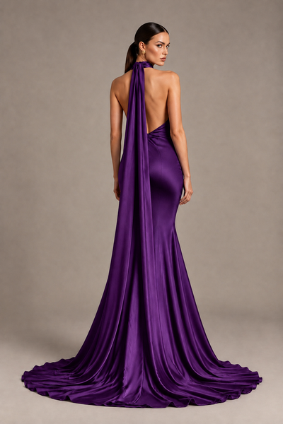 BOLODOO Purple One-Shoulder Satin Mermaid Evening Dress with Scarf - Purple - Purple_2