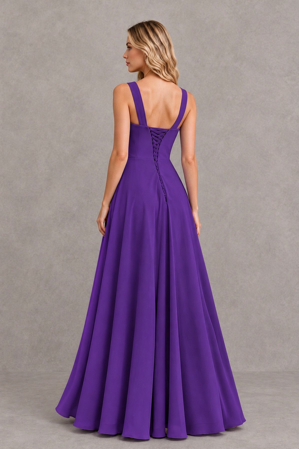 BOLODOO Purple Square Neck Ruffle A-Line Bridesmaid Dress with Slit - Purple - Purple_2