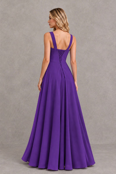 BOLODOO Purple Square Neck Ruffle A-Line Bridesmaid Dress with Slit - Purple - Purple_2