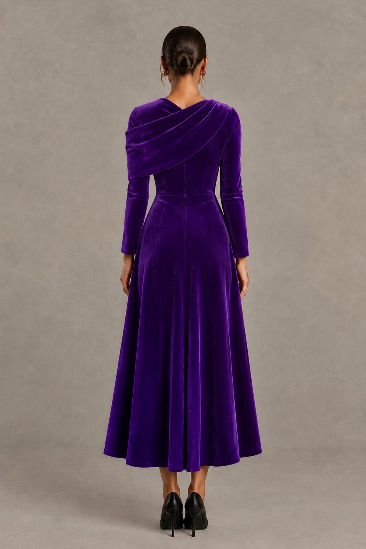 BOLODOO Purple Velvet-Look Long Sleeve Tea-Length A-Line Dress with Draped Neckline - Purple - Purple_2