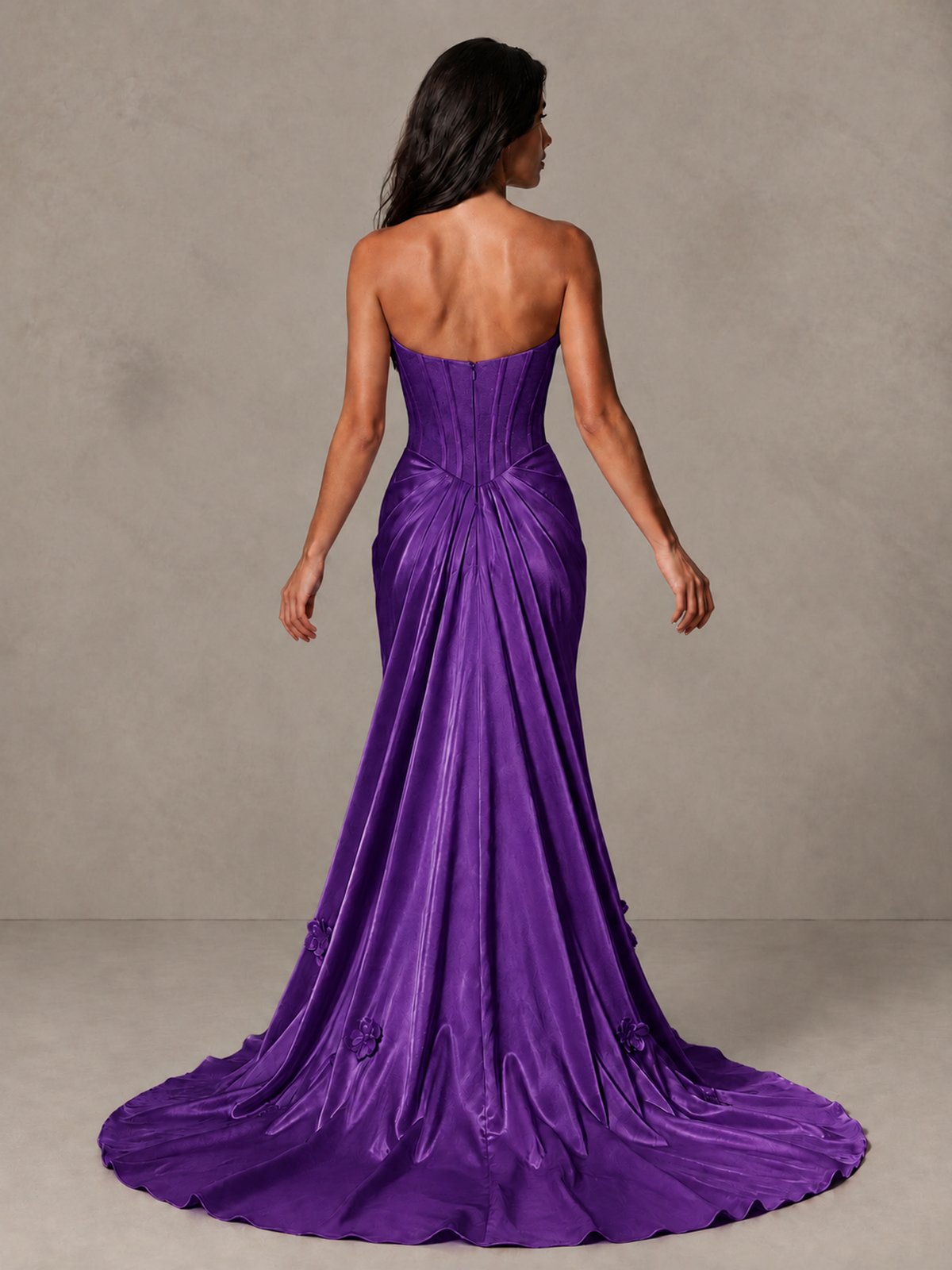 BOLODOO Purple Strapless Floral Corset Evening Gown with Train - Purple - Purple_2