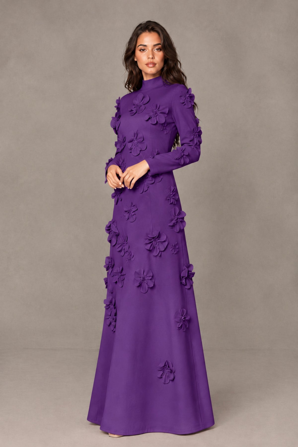 BOLODOO Purple High Neck Long Sleeve 3D Floral Evening Gown - Purple