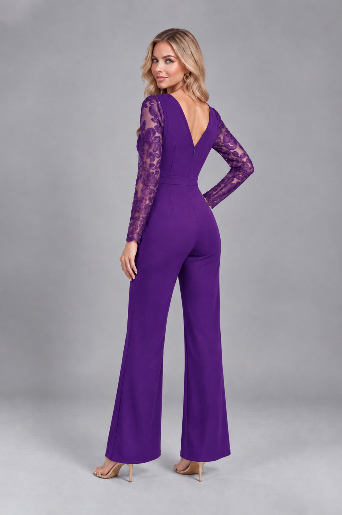 BOLODOO Purple Lace Long-Sleeve V-Neck Mother Pant Suit - Purple - Purple_2