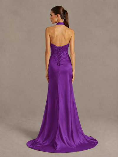 BOLODOO Purple Halter Satin Evening & Prom Dress with High Slit - Purple - Purple_2