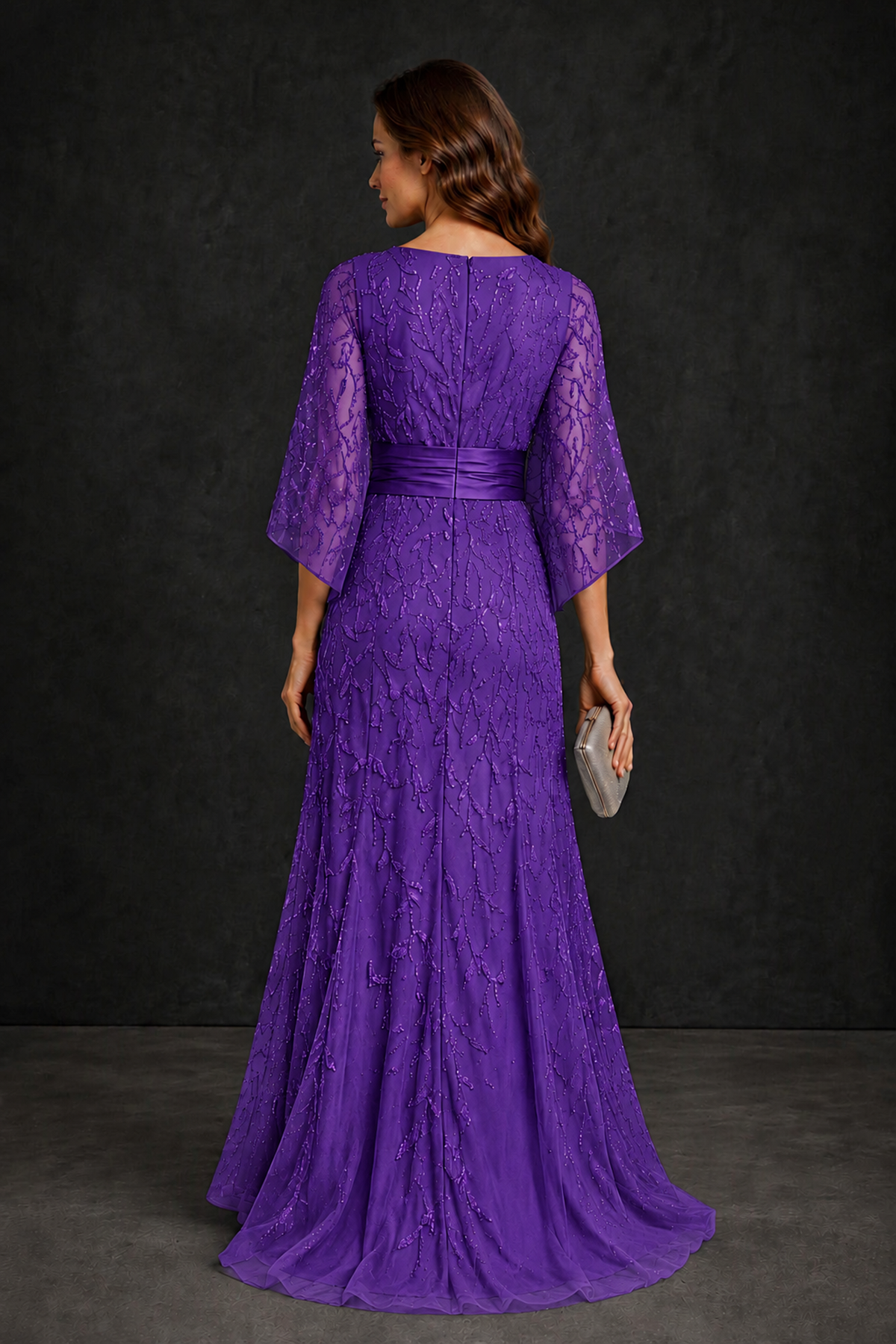 BOLODOO Purple Bateau Neck Bell Sleeve Sequin Embroidered Satin Waist A-Line Maxi Dress - Purple - Purple_2