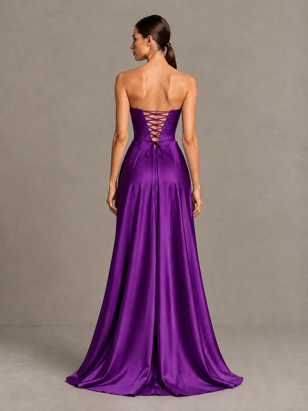 BOLODOO Purple Strapless Satin High-Slit Lace-Up Prom Dress - Purple - Purple_2