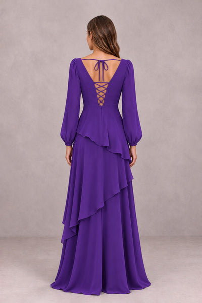 BOLODOO Purple Long Sleeve Ruffle Bridesmaid Dresses - Purple - Purple_2