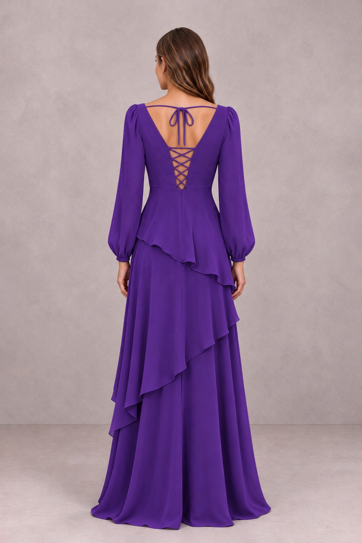 BOLODOO Purple Long Sleeve Ruffle Bridesmaid Dresses - Purple - Purple_2
