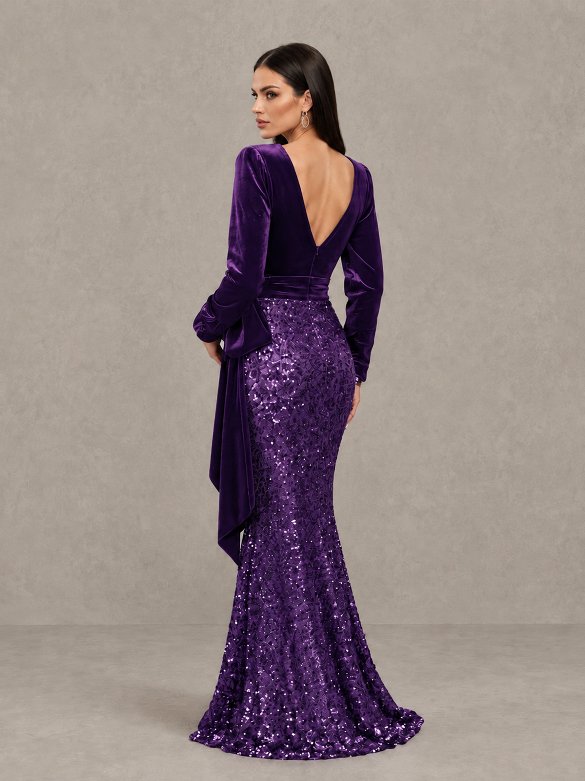BOLODOO Purple Velvet & Sequin Long Sleeve V-Neck Mermaid Evening Gown - Purple - Purple_2