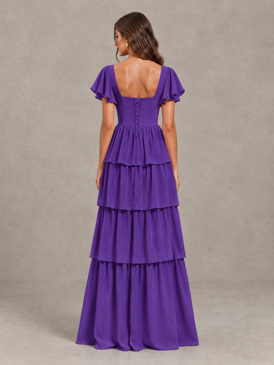 BOLODOO Purple Flutter Sleeve Tiered Maxi Bridesmaid Dress - Purple - Purple_2