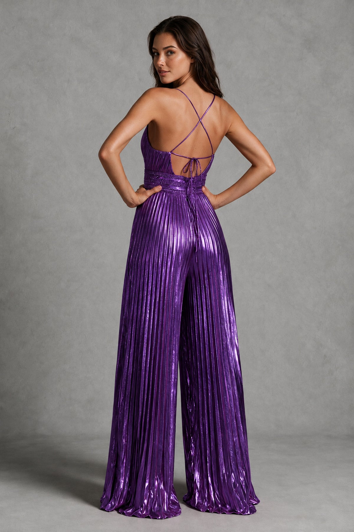BOLODOO Purple Pleated Wide-Leg Jumpsuit with Open Back - Purple