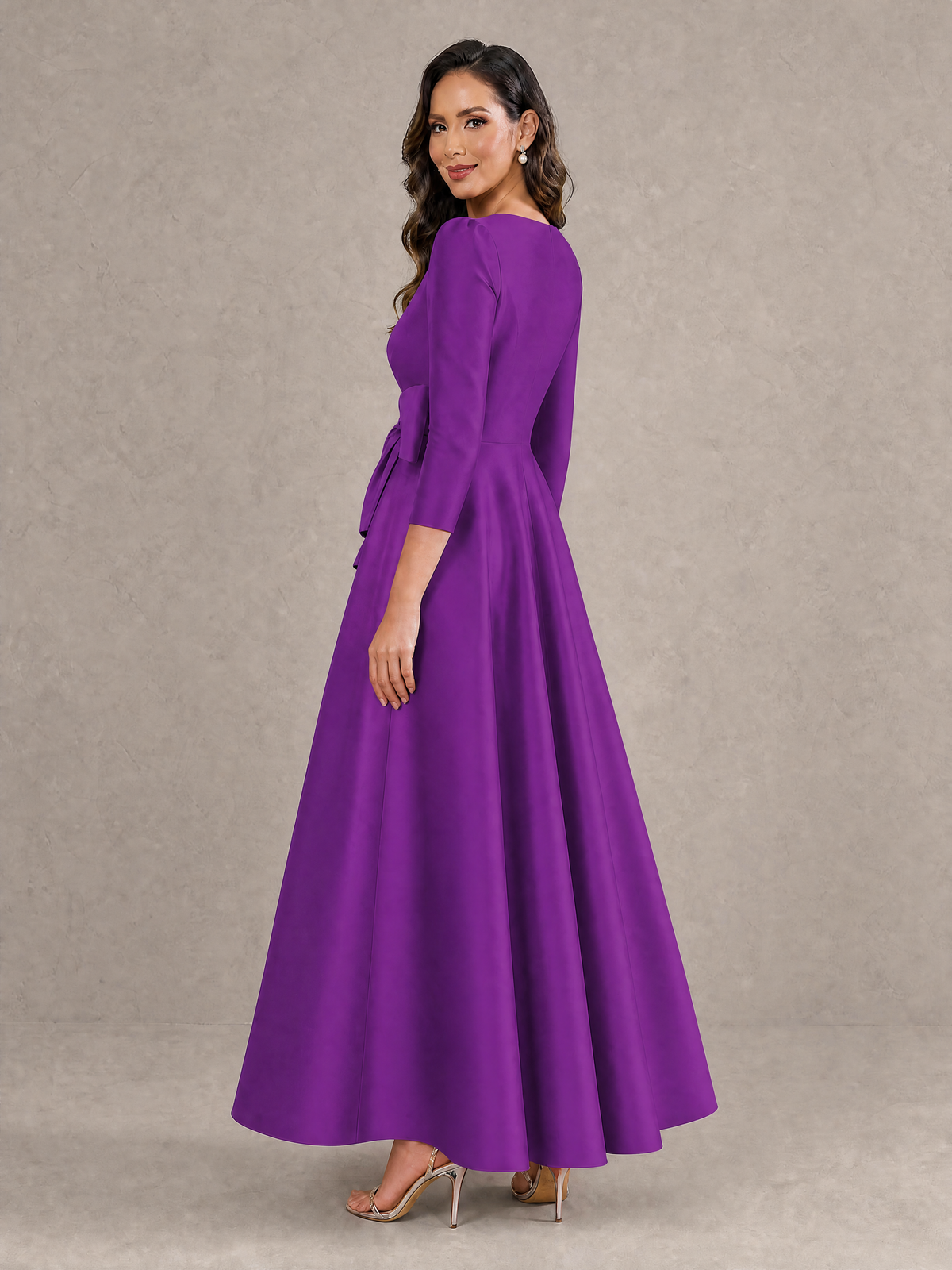 BOLODOO Purple Satin Deep V-Neck Wrap 3/4 Puff Sleeve A-Line Ball Gown Maxi Dress with Oversized Bow Belt - Purple