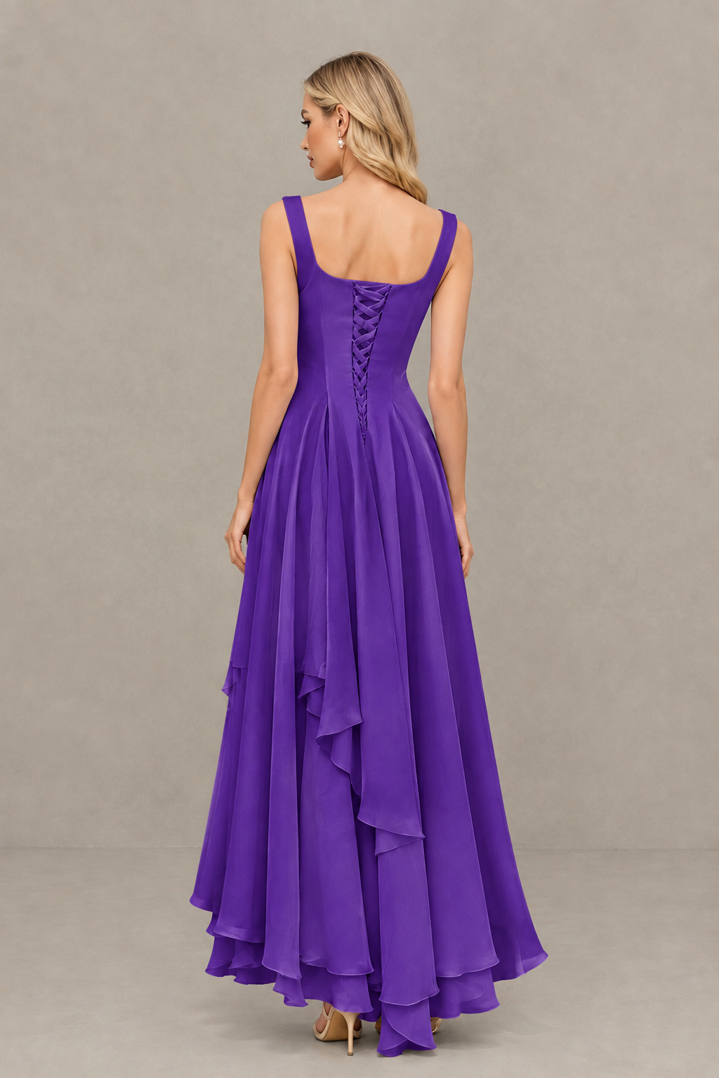 BOLODOO Purple Square Neck Chiffon Bridesmaid Dress with Lace-Up Back - Purple