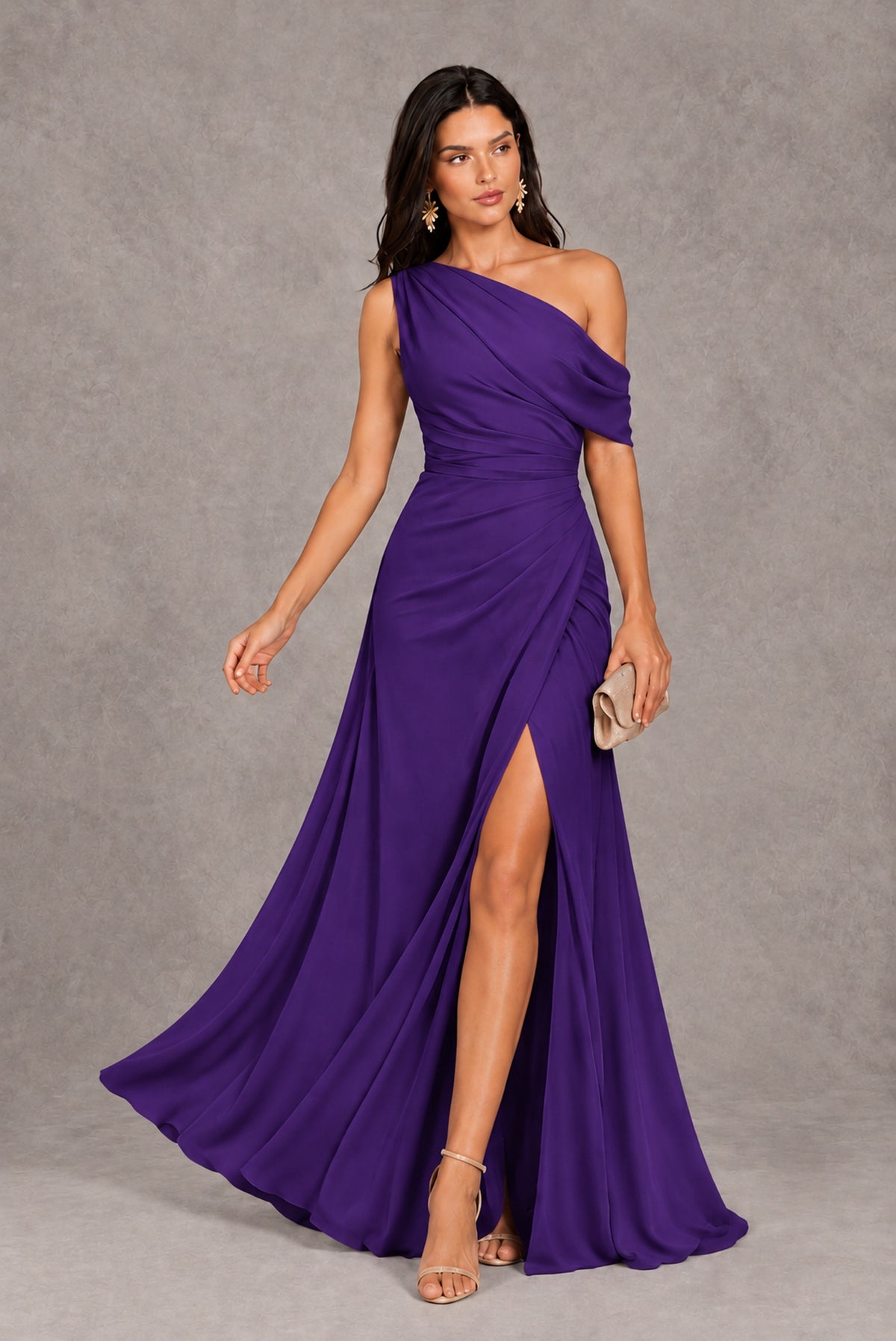 Purple One-Shoulder Floor-Length Evening Gown with High Slit - Purple