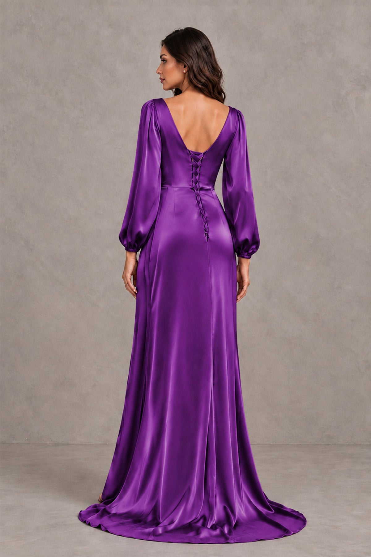 BOLODOO Purple Satin-Look Long Sleeve Evening Dress with High Slit - Purple - Purple_2