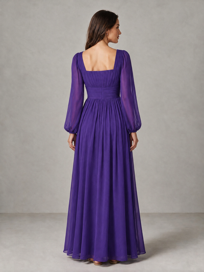 BOLODOO Purple Square Neck Long Sleeve Chiffon Bridesmaid Dress - Purple - Purple_2