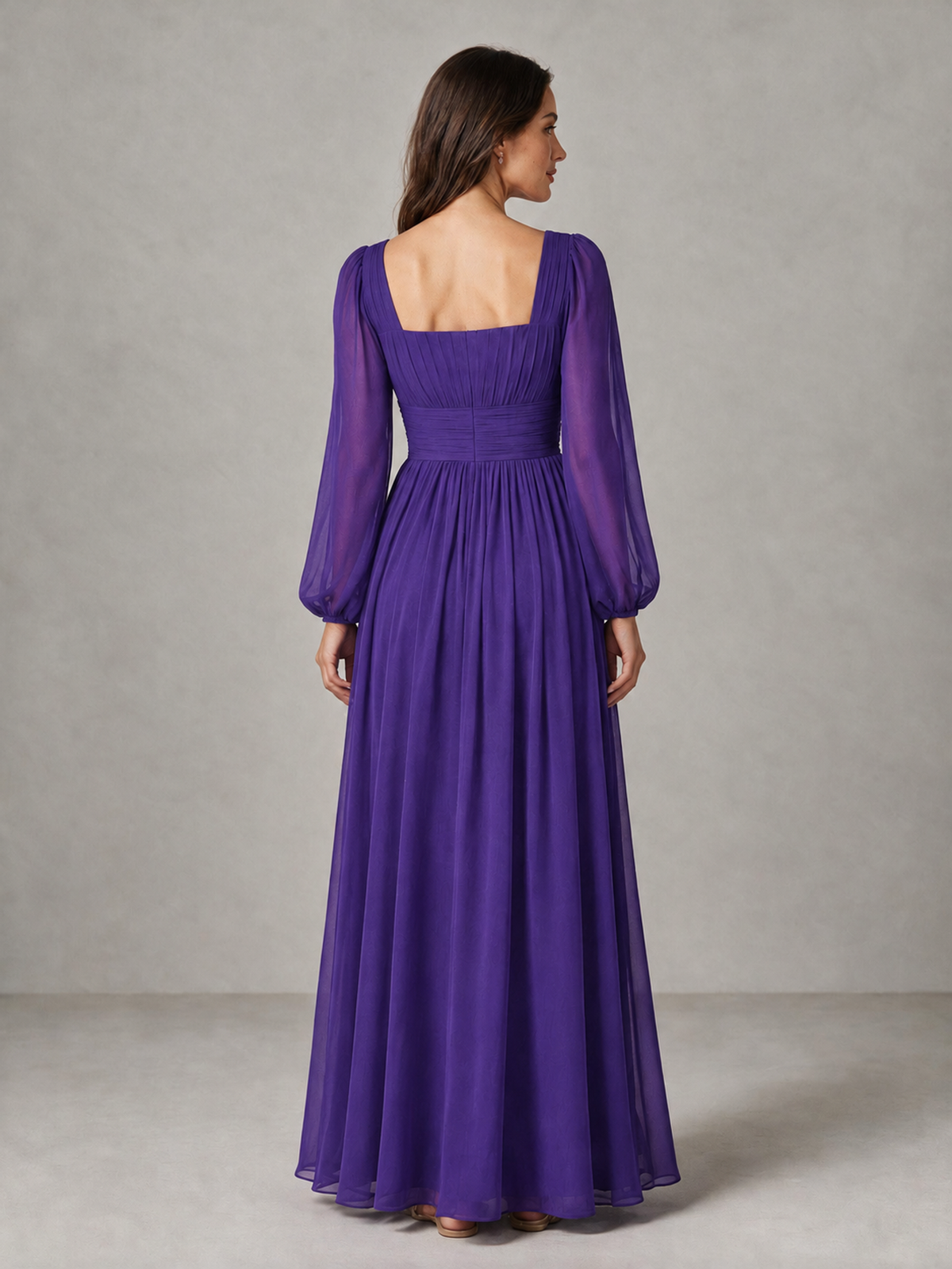 BOLODOO Purple Square Neck Long Sleeve Chiffon Bridesmaid Dress - Purple - Purple_2