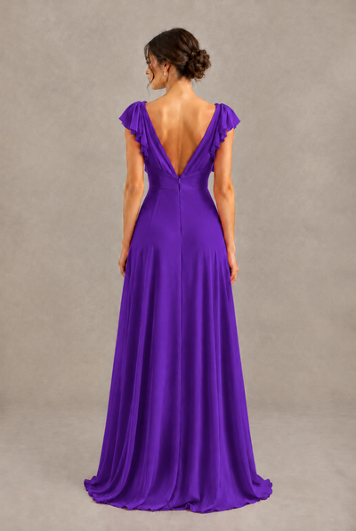 BOLODOO Purple V-Neck Flutter Sleeve A-Line Bridesmaid Dress - Purple - Purple_2