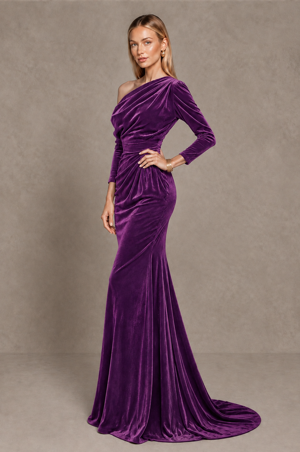 BOLODOO Purple Velvet Asymmetric Neck Mermaid Evening Dress - Purple - Purple_2