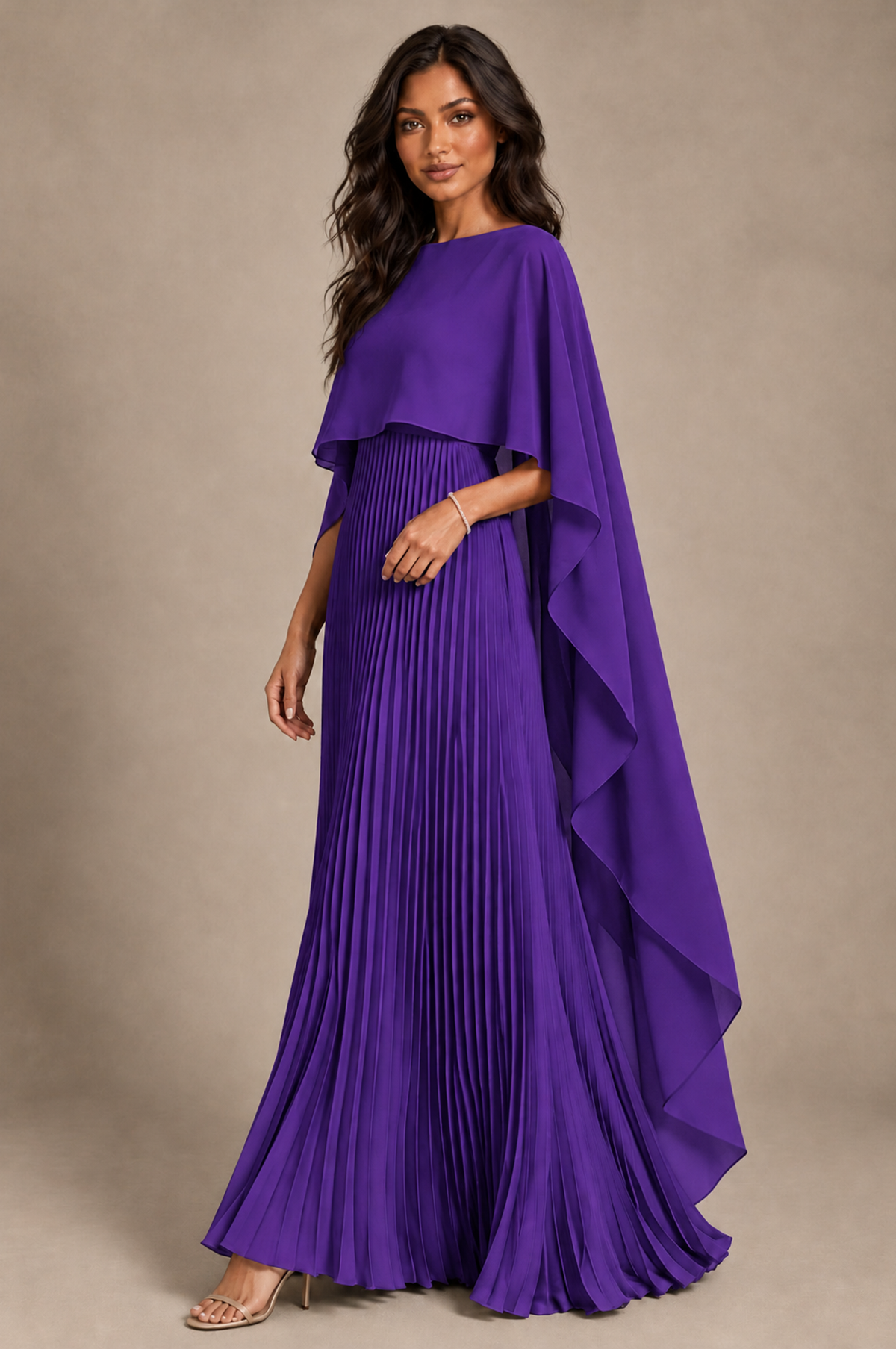 BOLODOO Purple Pleated Cape A-Line Evening Dress - Purple - Purple_2