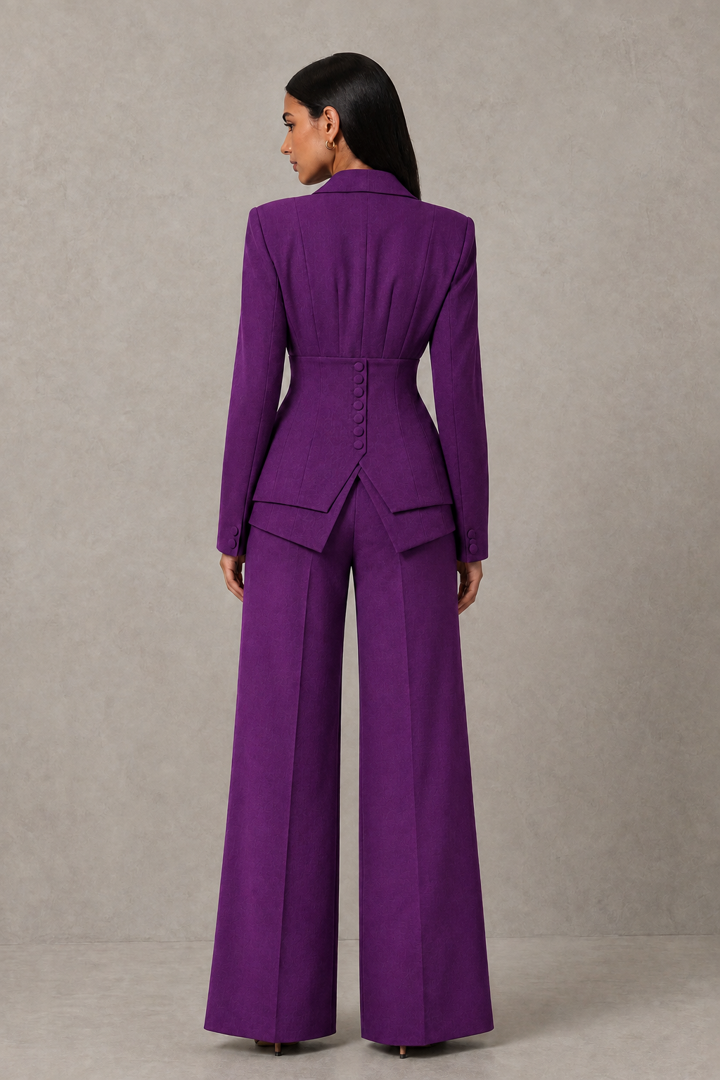 BOLODOO Purple Cinched Waist Blazer and Wide Leg Pants Two Piece Suit Set - Purple