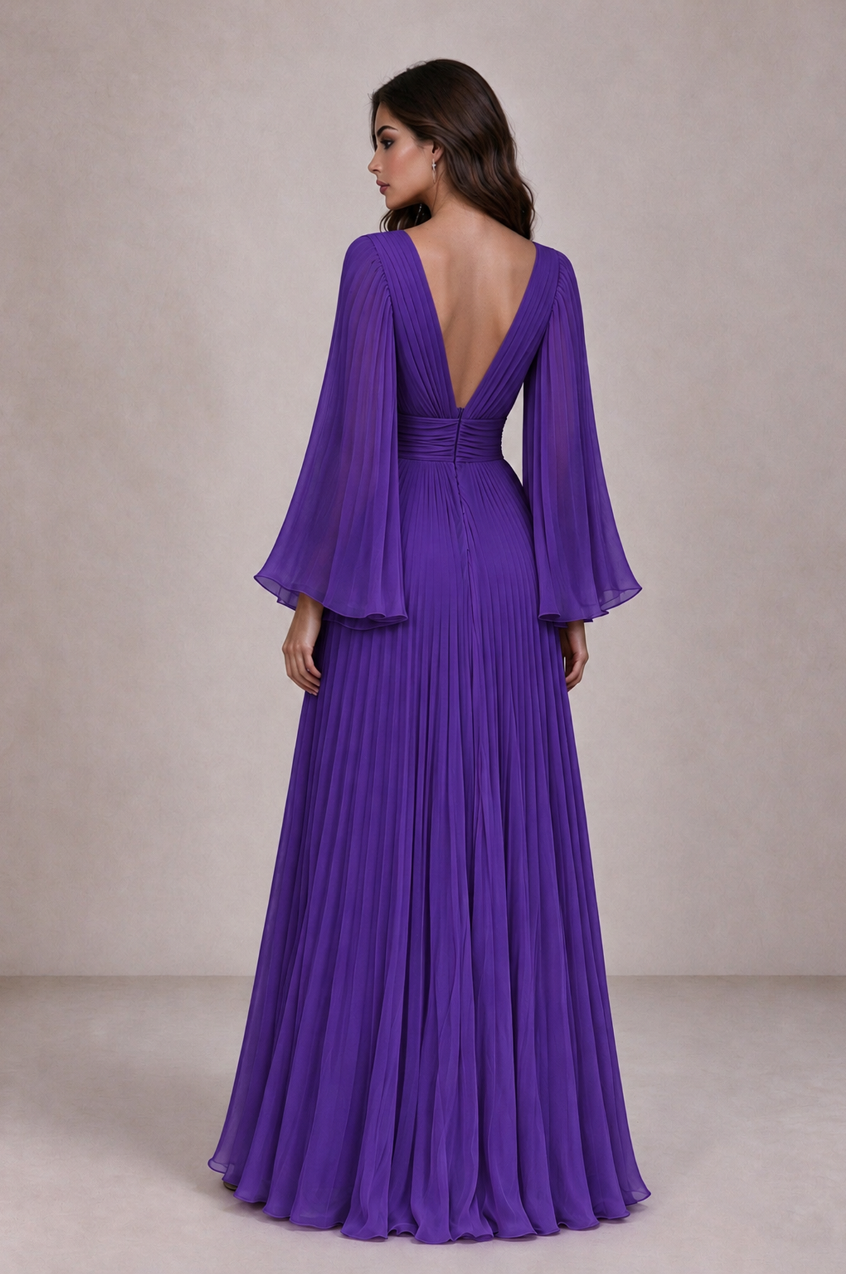 BOLODOO Purple Pleated Deep V-Neck Long Bell Sleeve Evening Dress - Purple - Purple_2