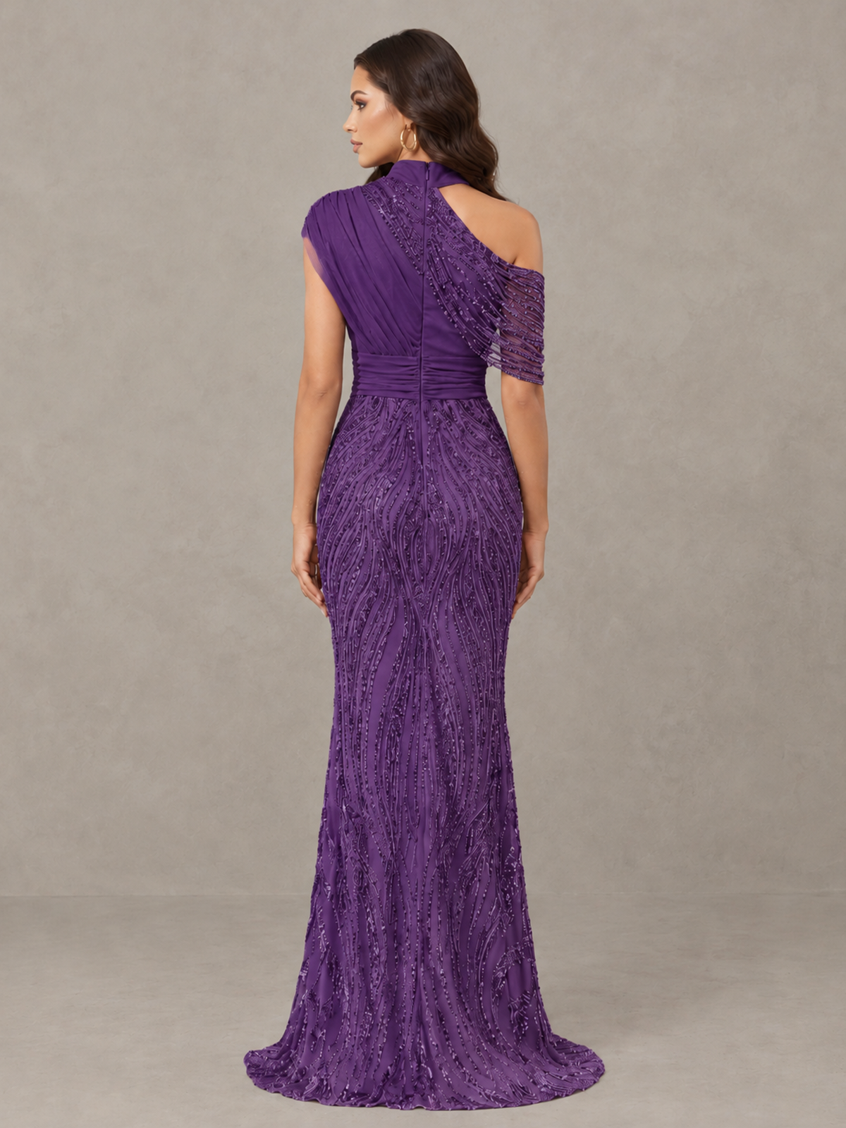 BOLODOO Purple High Neck Draped Sequin Mermaid Evening Gown - Purple - Purple_2