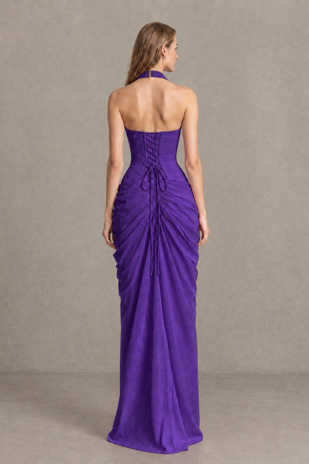BOLODOO Purple Halter Neck Ruched Maxi Dress with High Slit - Purple - Purple_2