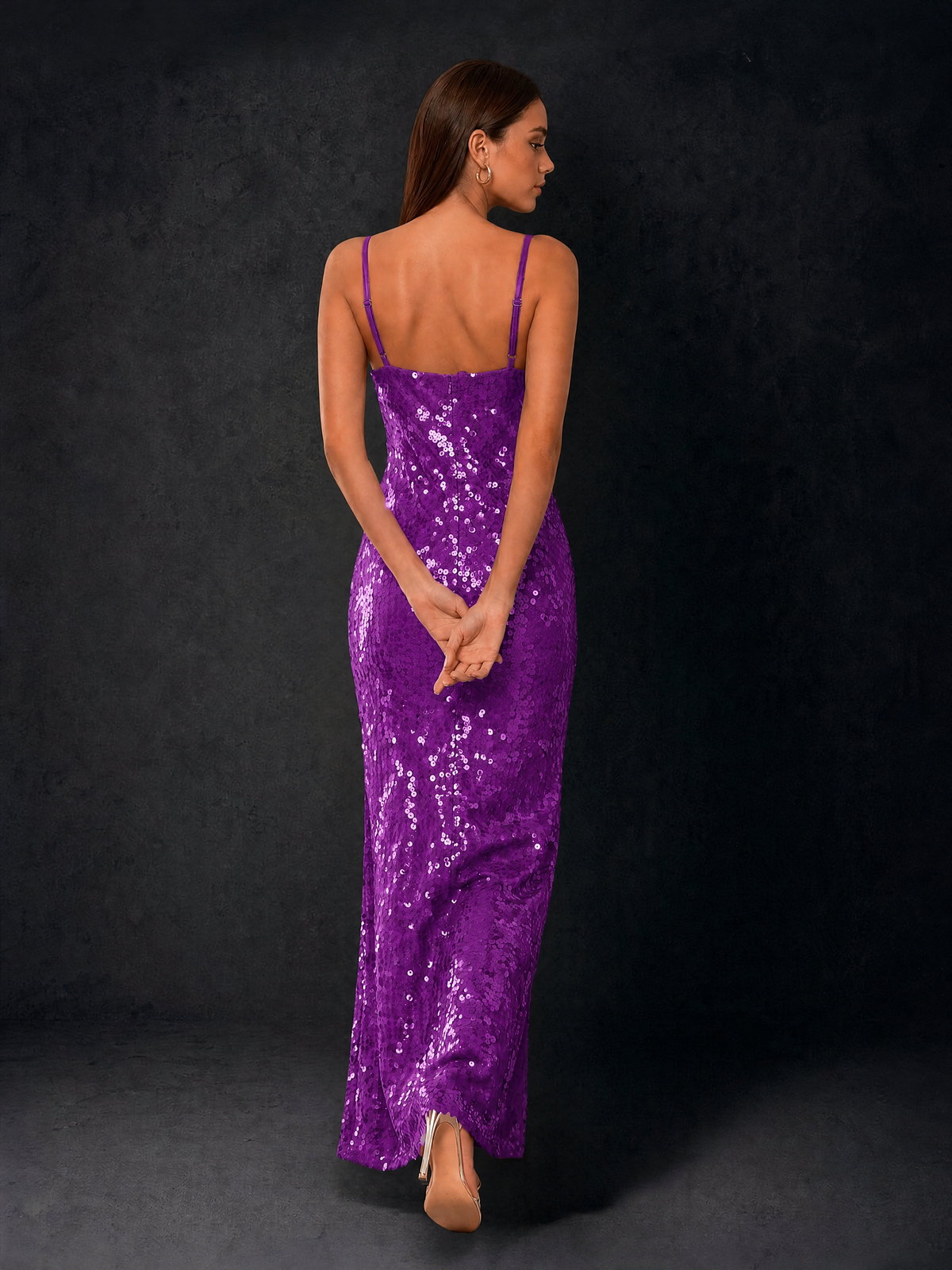 BOLODOO Bronze Sequin Cowl Neck Spaghetti Strap Mermaid Maxi Dress with Open Criss-Cross Back - Purple - Purple