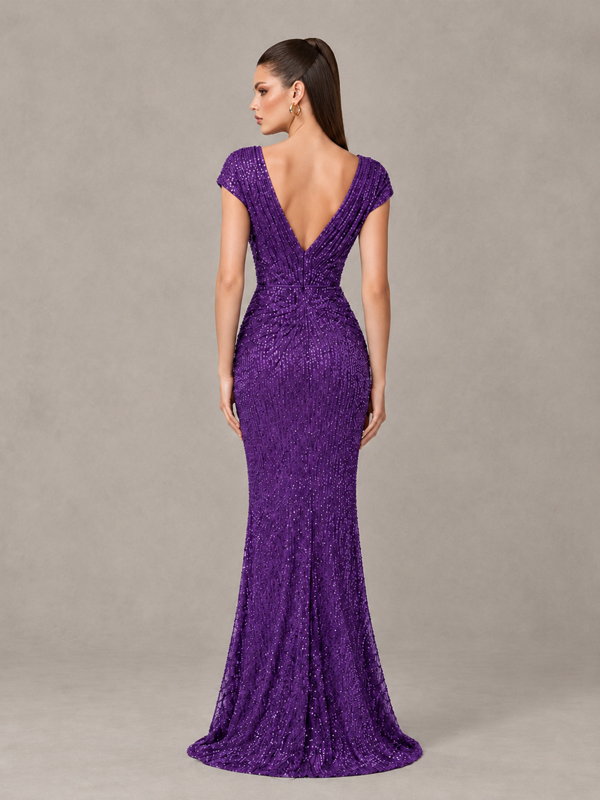 BOLODOO Purple Glitter V-Neck Cap Sleeve Ruched Mermaid Evening Gown - Purple - Purple_2
