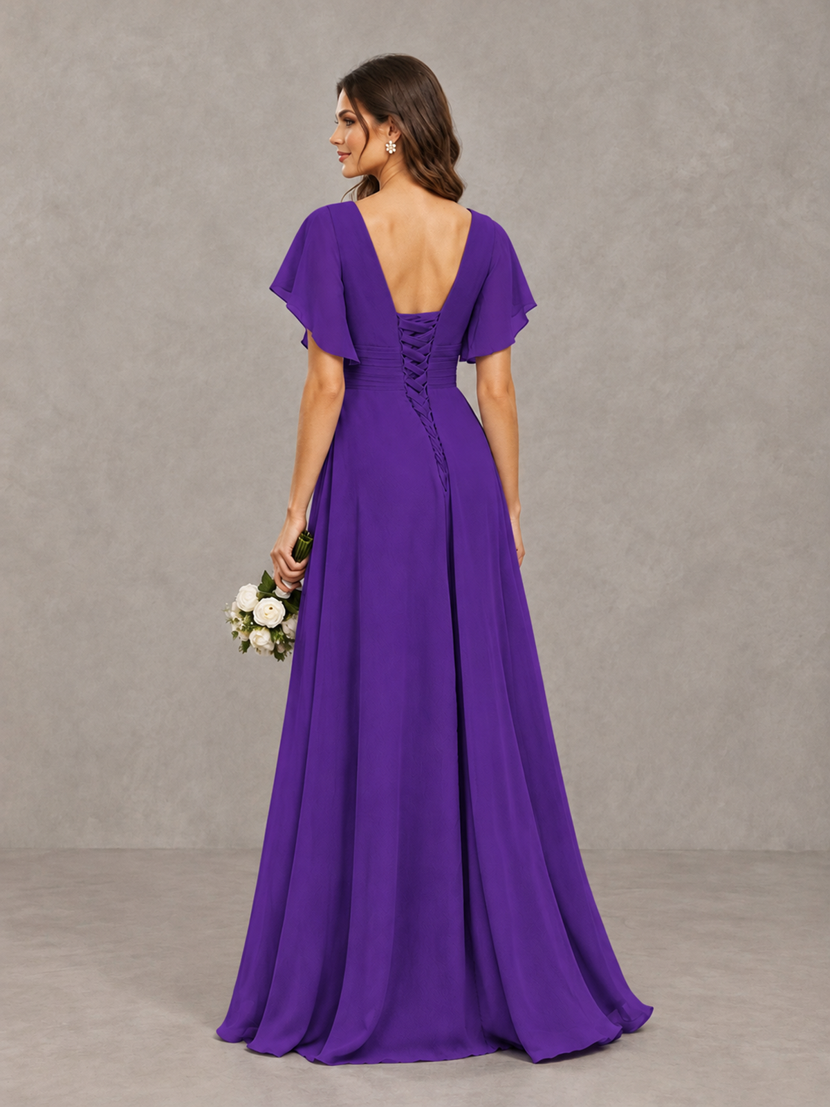 BOLODOO Purple Flutter Sleeve V-Neck Bridesmaid Dress with Ruffle Slit - Purple - Purple_2