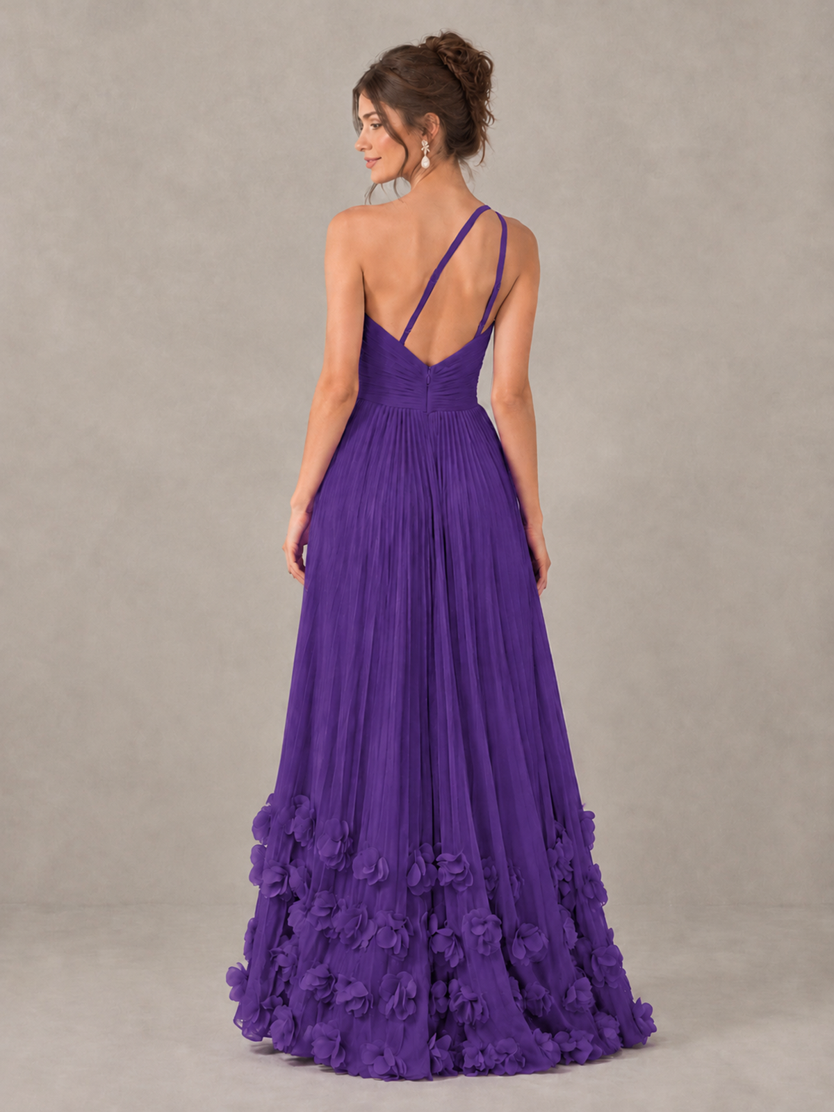 BOLODOO Purple One-Shoulder Pleated Bridesmaid Dress with 3D Floral Hem - Purple - Purple_2