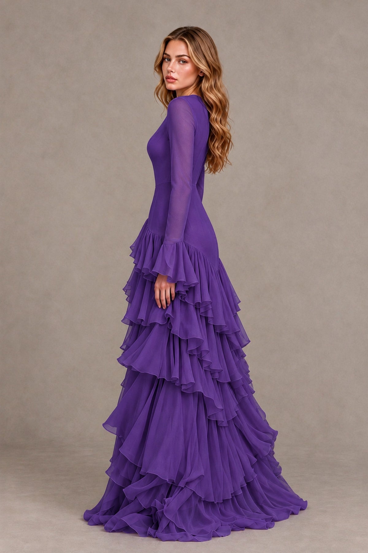 Purple Long Sleeve Tiered Ruffle Evening Gown - Purple - Purple_2