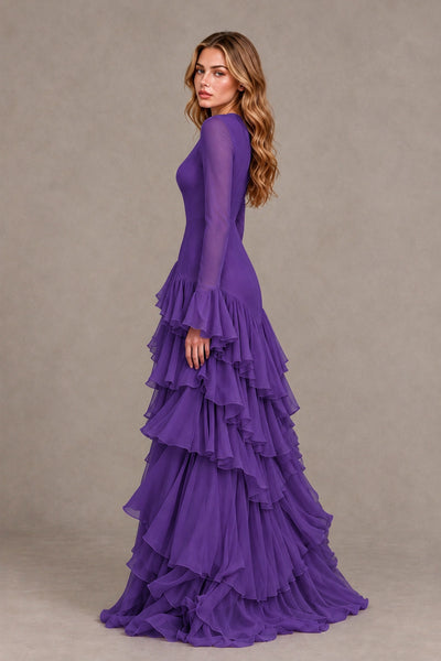 Purple Long Sleeve Tiered Ruffle Evening Gown - Purple - Purple_2