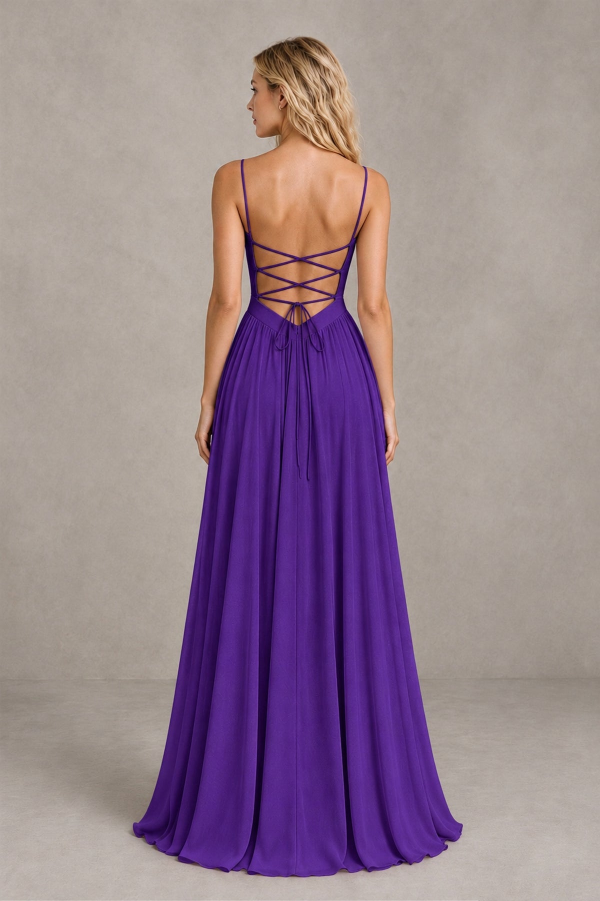 BOLODOO Purple Spaghetti Strap A-Line Bridesmaid Dress with Slit - Purple - Purple_2