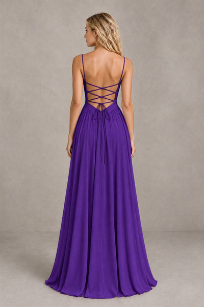 BOLODOO Purple Spaghetti Strap A-Line Bridesmaid Dress with Slit - Purple - Purple_2