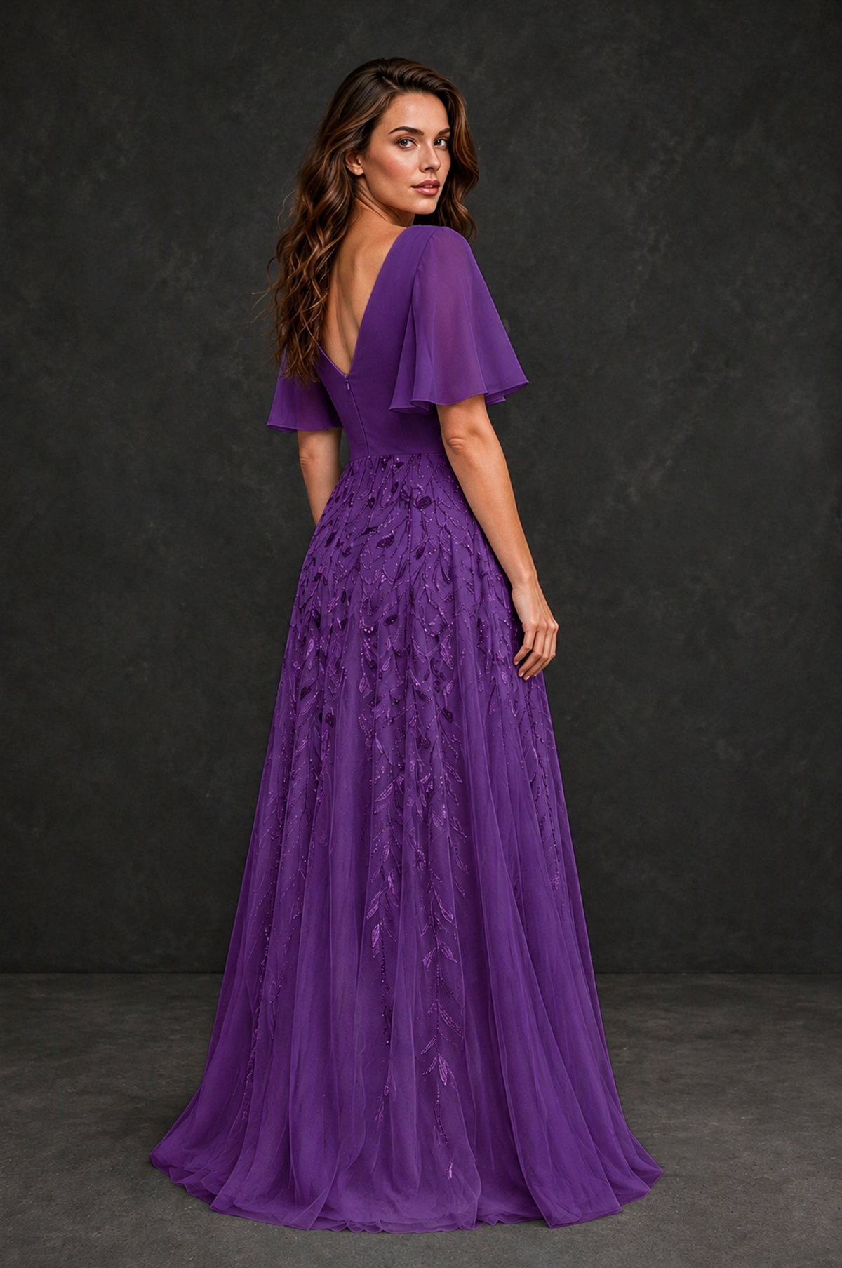 BOLODOO Purple V-Neck Flutter Sleeve Beaded Botanical Tulle A-Line Gown | Mother of the Bride Evening Dress - Purple - Purple_2