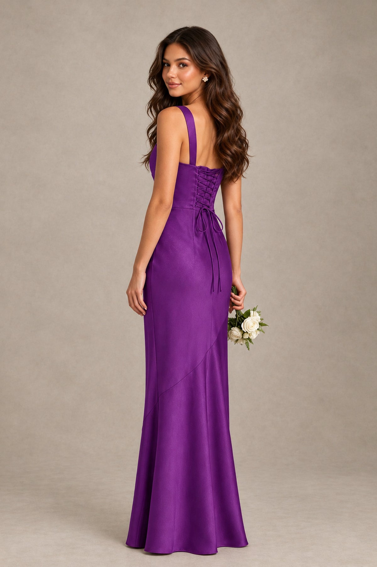BOLODOO Purple Square Neck Ruched Satin Lace-Up Bridesmaid Dress - Purple - Purple_2