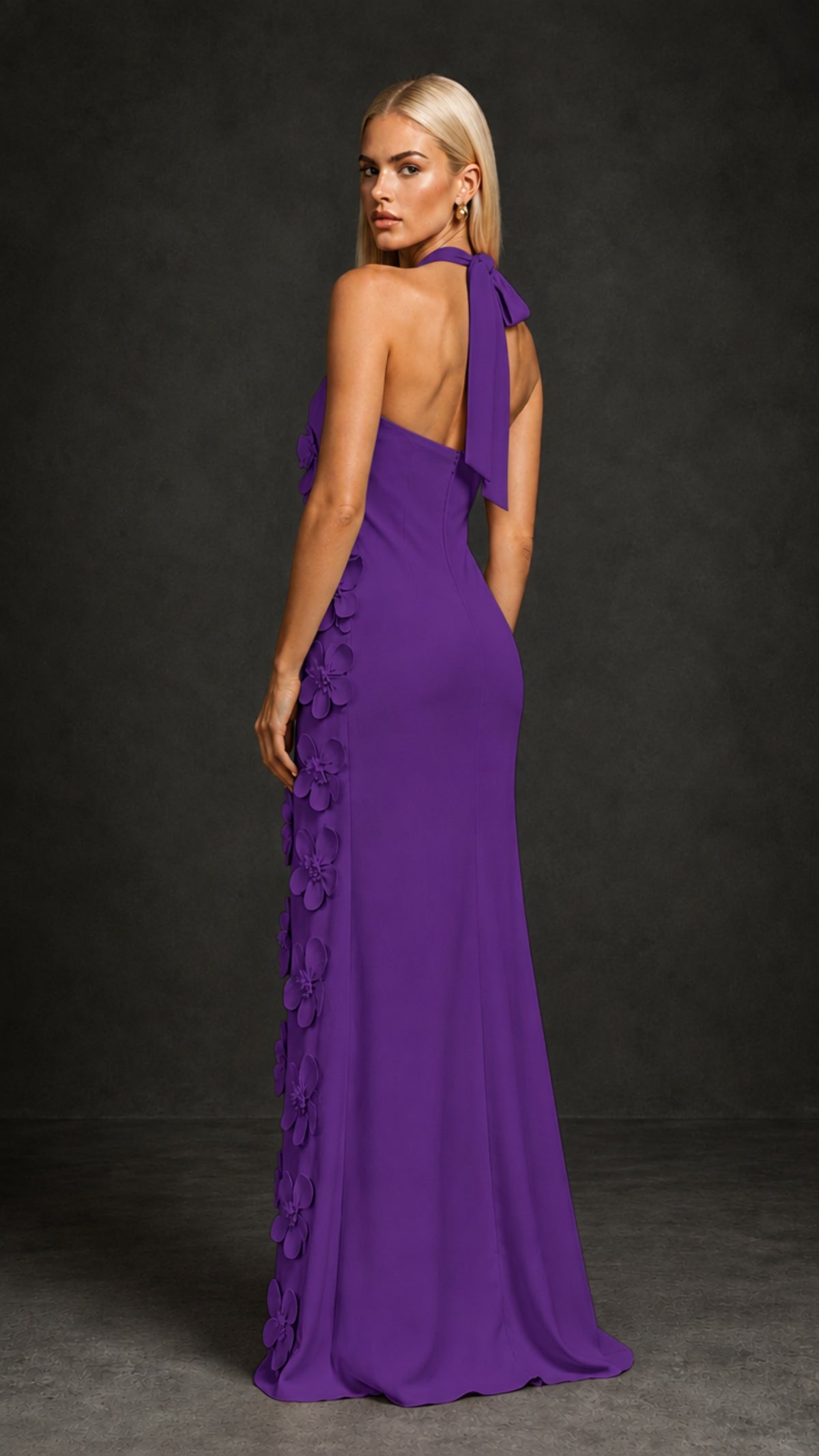BOLODOO Purple Cross Halter Neck 3D Floral Appliqué Backless Mermaid Maxi Gown - Purple