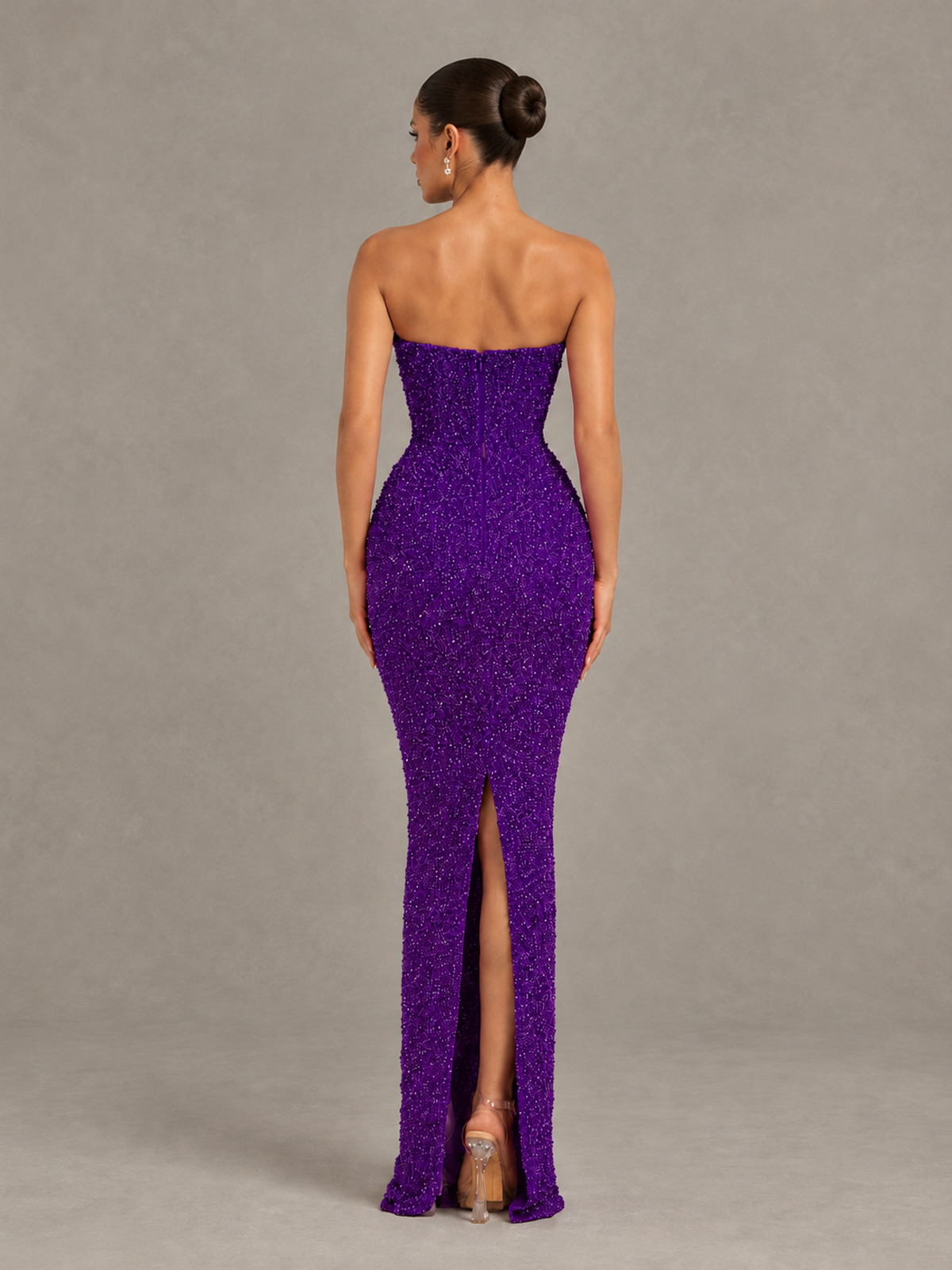 BOLODOO Purple Strapless Sequin Evening Gown with Floral Neckline - Purple - Purple_2