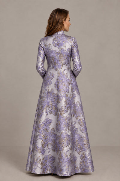 BOLODOO Purple Floral Jacquard Long Sleeve Evening Gown - Purple