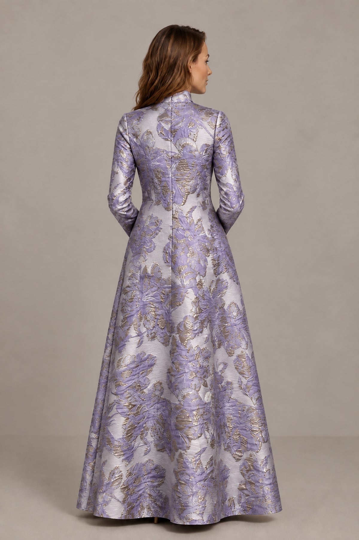 BOLODOO Purple Floral Jacquard Long Sleeve Evening Gown - Purple
