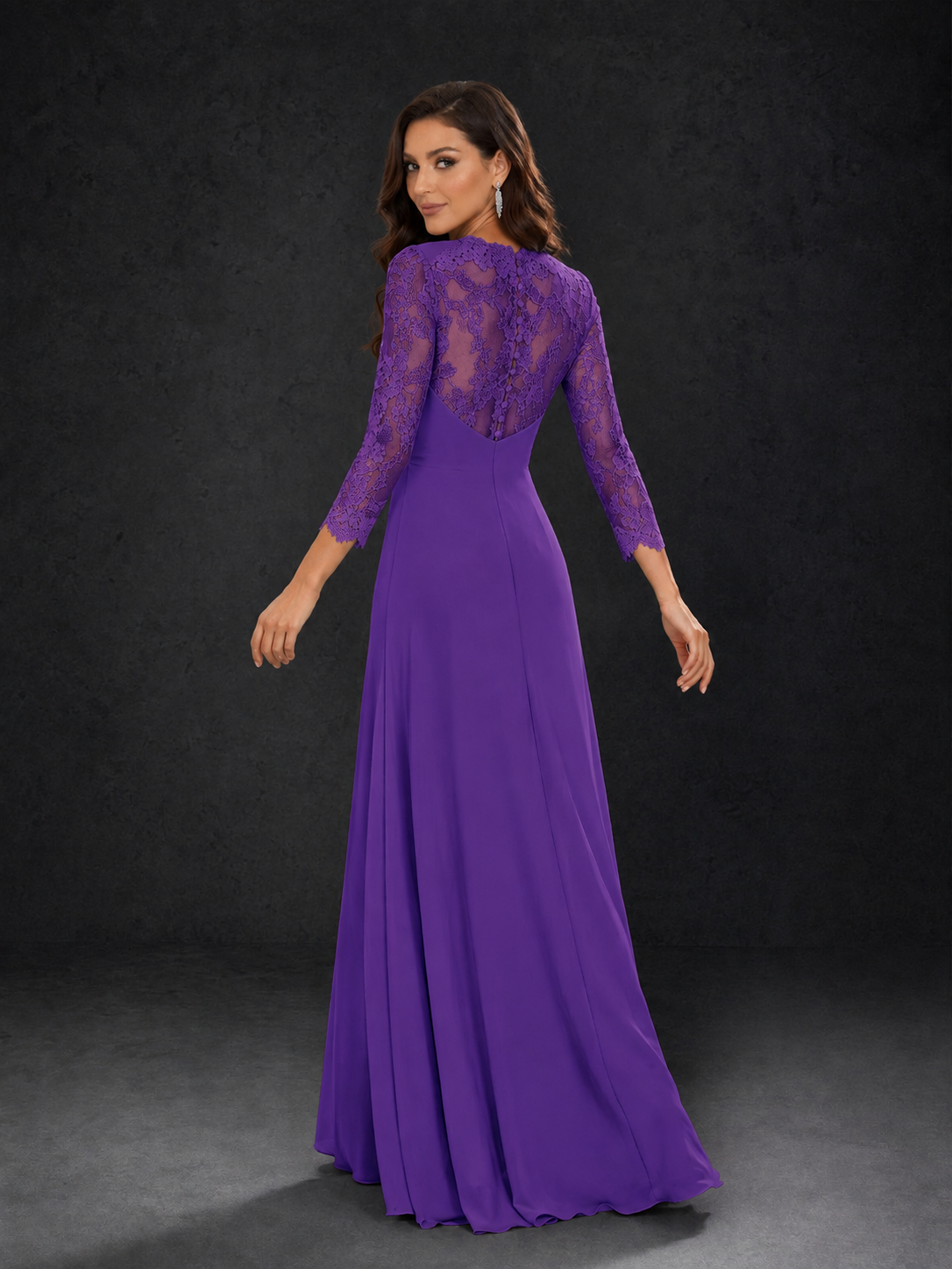 BOLODOO Purple Lace Sleeve V-Neck Floral Waist Chiffon A-Line Maxi Dress - Purple