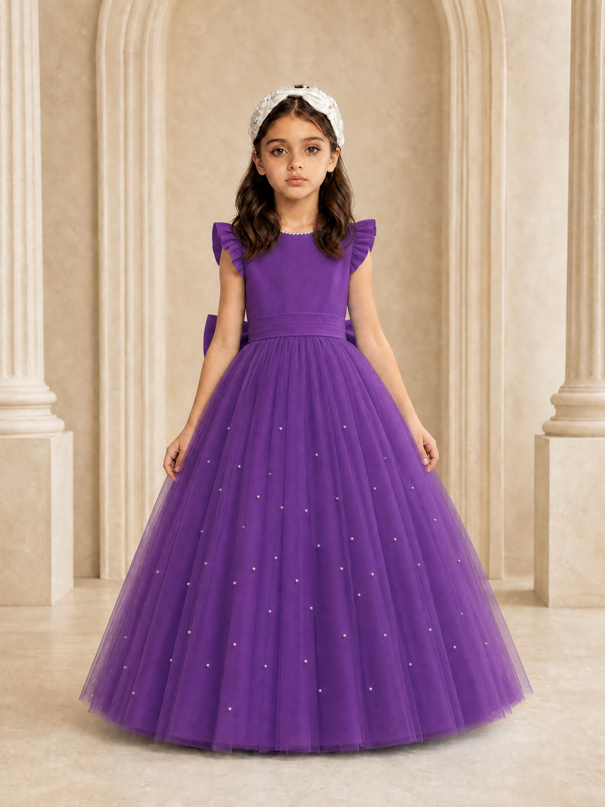 BOLODOO Purple Tulle Flower Girl Dress with Ruffle Sleeves & Bow Back - Purple - Purple_2