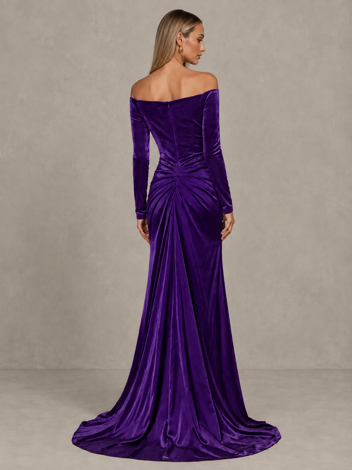 BOLODOO Purple Off-Shoulder Velvet Evening Gown with High Slit - Purple - Purple_2