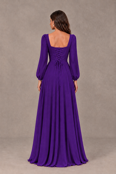 BOLODOO Purple Square Neck Long Sleeve A-Line Bridesmaid Dress - Purple - Purple_2